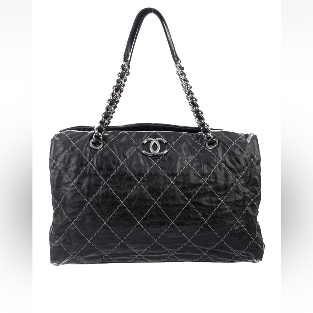 CHANEL Glazed calfskin double sided tote.